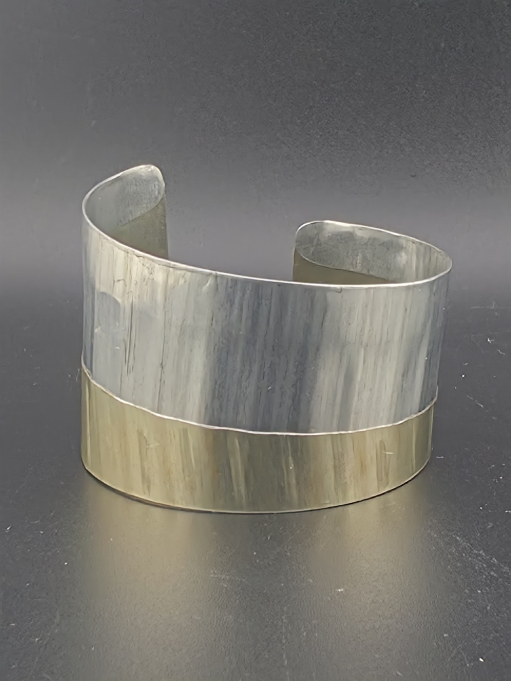 Vintage Brushed Silver Gold Tone Asymetrical Cuff Bracelet 7"